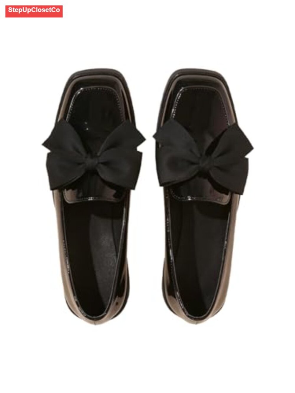 Faux Leather Bow Square Toe Low Heel Loafers Women Dressy Office Shoes